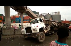 The gridlock in Apapa was compounded as truck conveying a container tipped over at TinCan Port